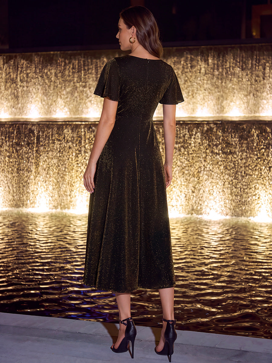 Lurex Mesh Ruffle Sleeve A-Line Cocktail Dress for Wedding Guest #color_Brown