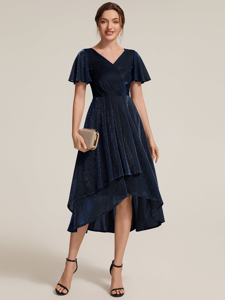 Lurex Mesh Ruffle Sleeve A-Line Cocktail Dress for Wedding Guest #color_Navy Blue
