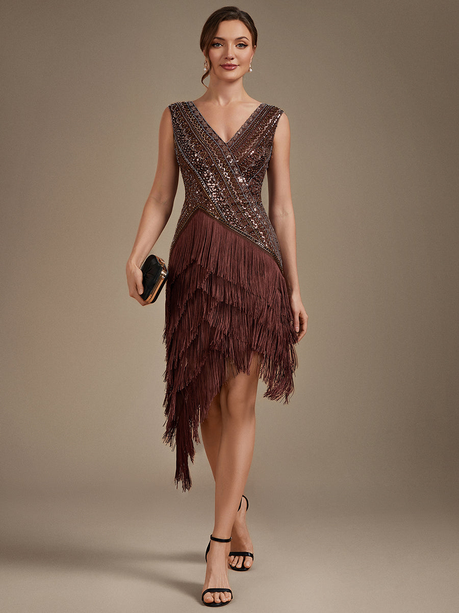 Tulle Cap Sleeve Asymmetrical Hem Cocktail Dress #color_Brown