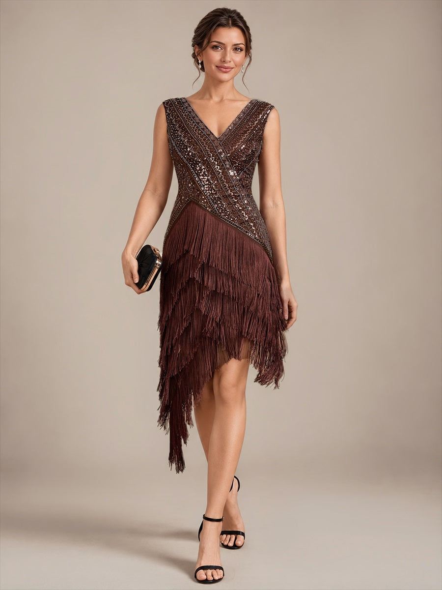 Tulle Cap Sleeve Asymmetrical Hem Cocktail Dress #color_Brown