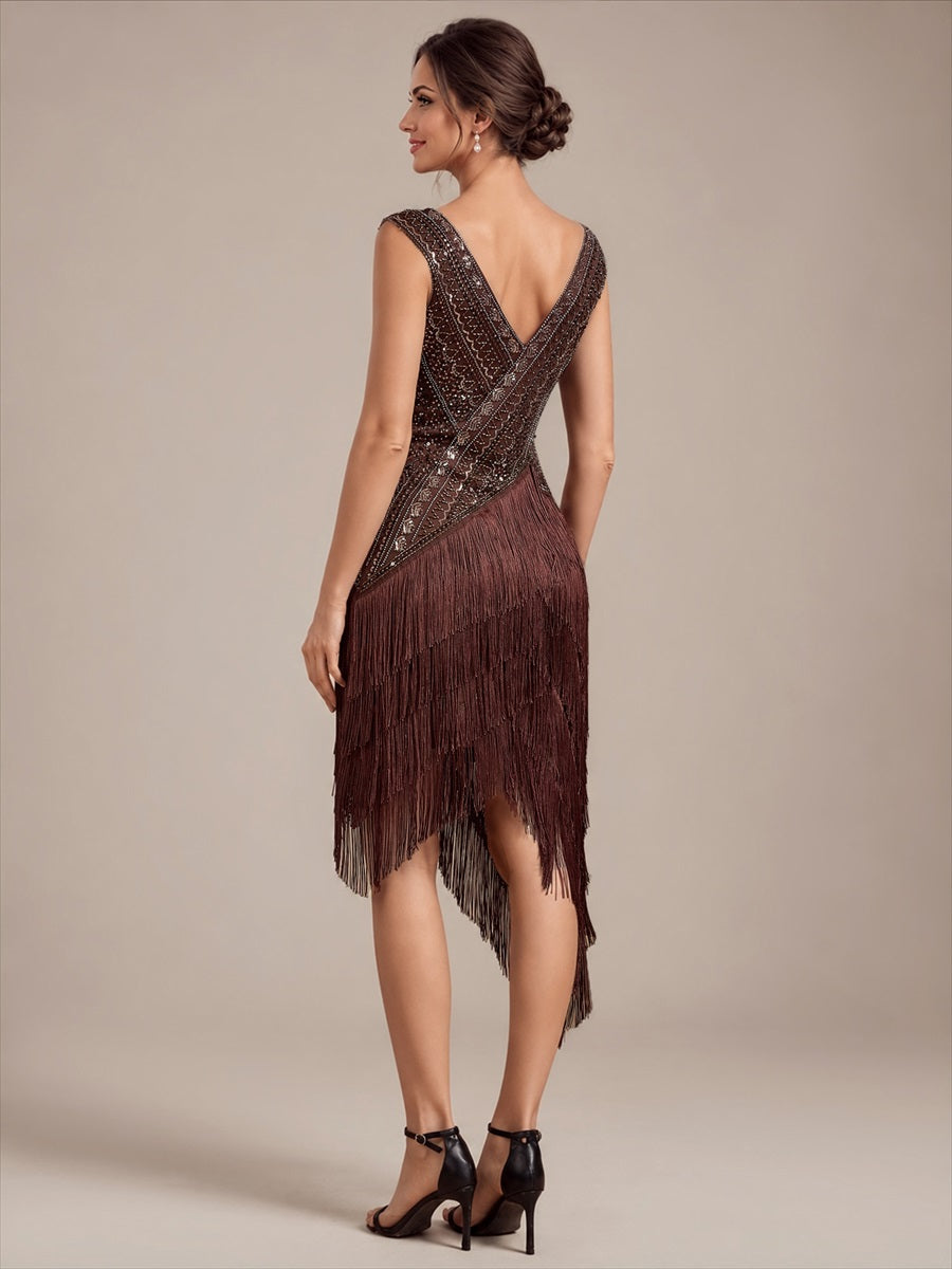 Tulle Cap Sleeve Asymmetrical Hem Cocktail Dress #color_Brown