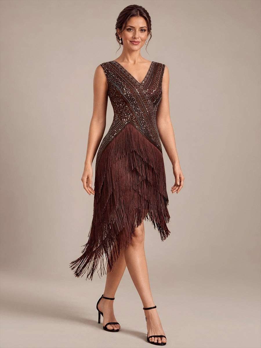 Tulle Cap Sleeve Asymmetrical Hem Cocktail Dress #color_Brown