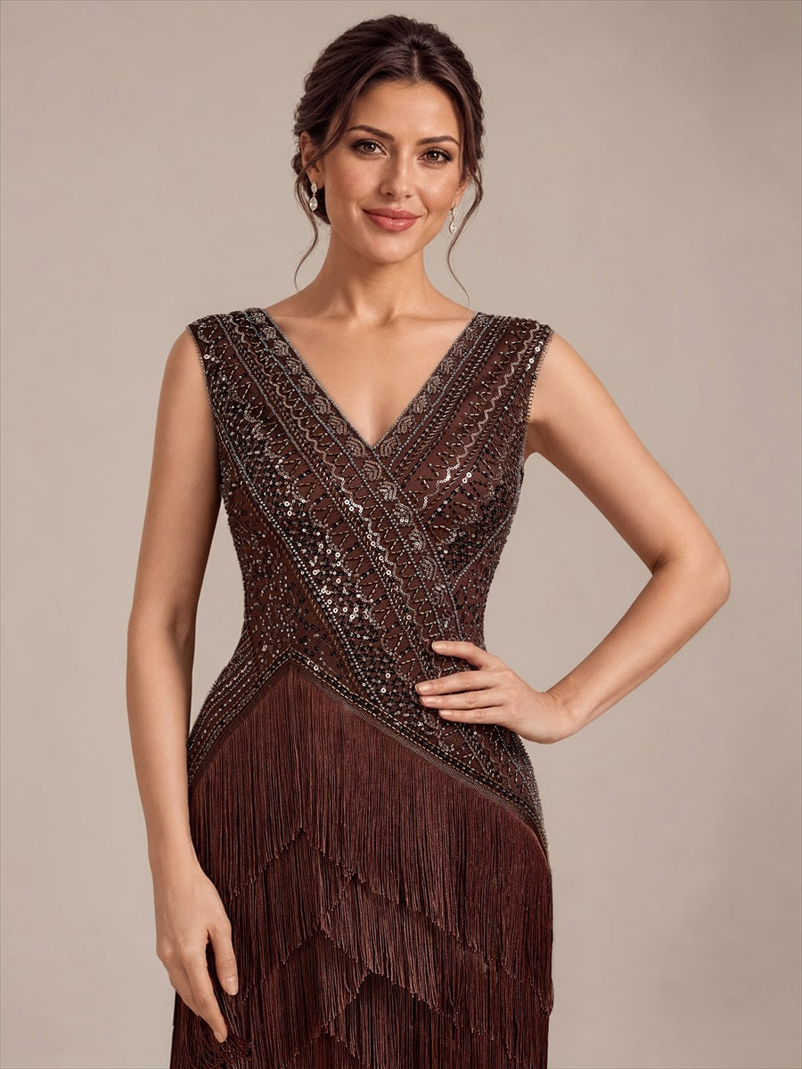 Tulle Cap Sleeve Asymmetrical Hem Cocktail Dress #color_Brown