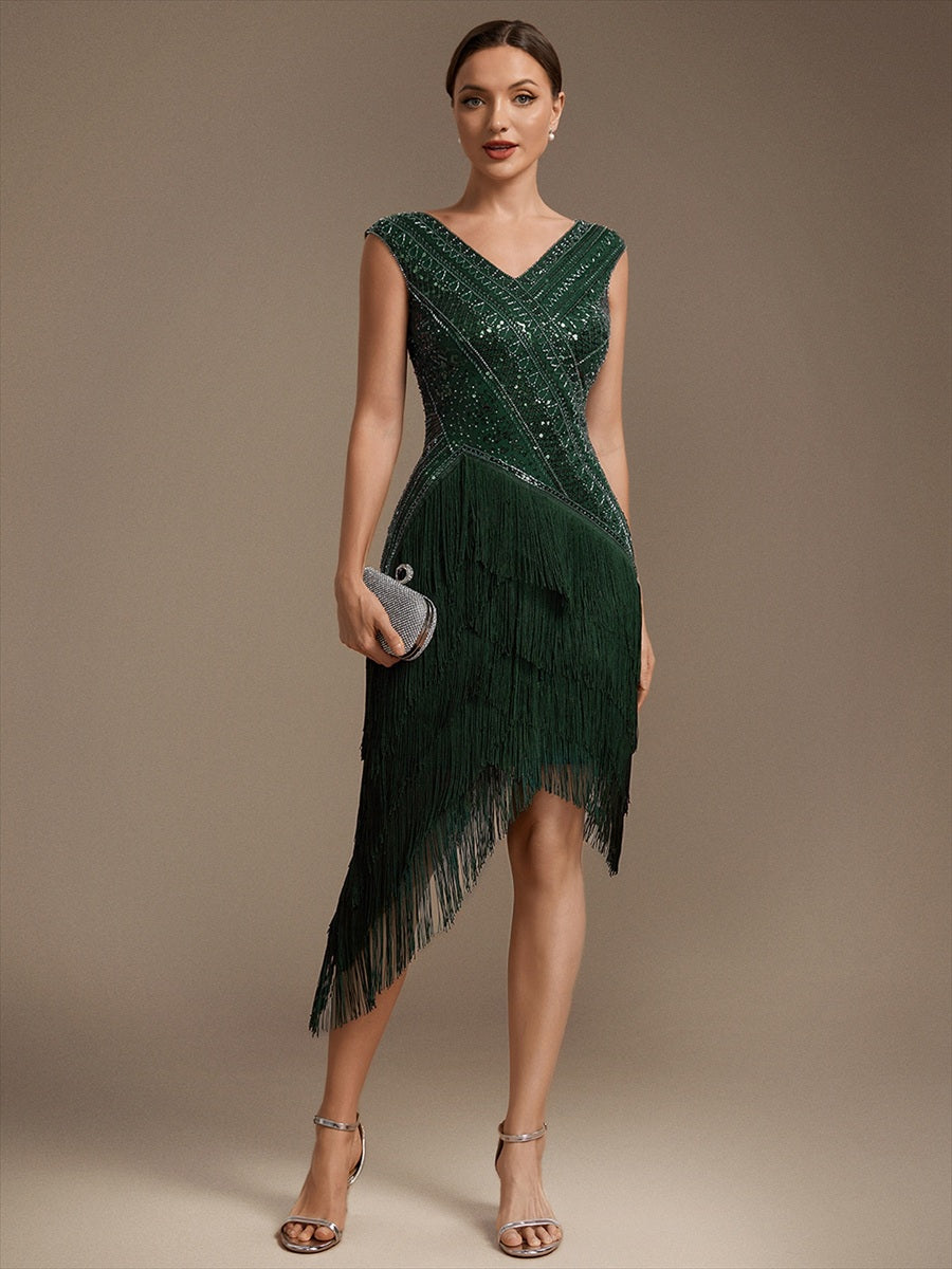 Tulle Cap Sleeve Asymmetrical Hem Cocktail Dress #color_Dark Green