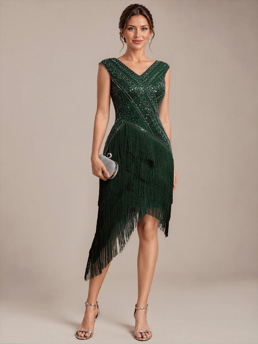 Tulle Cap Sleeve Asymmetrical Hem Cocktail Dress #color_Dark Green