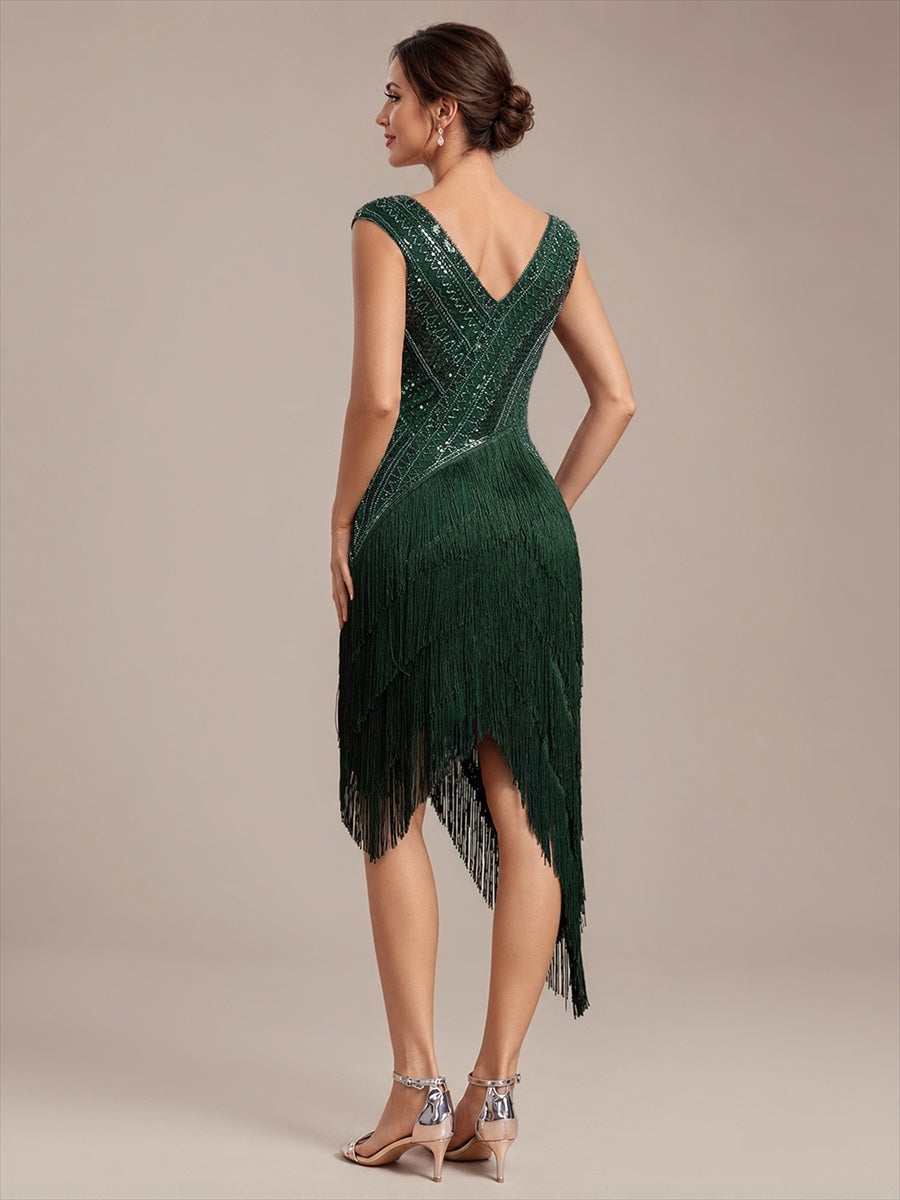 Tulle Cap Sleeve Asymmetrical Hem Cocktail Dress #color_Dark Green