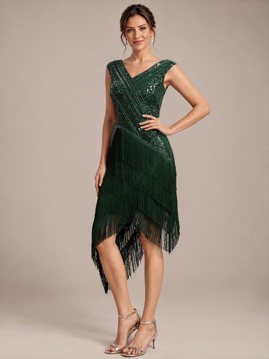 Tulle Cap Sleeve Asymmetrical Hem Cocktail Dress #color_Dark Green