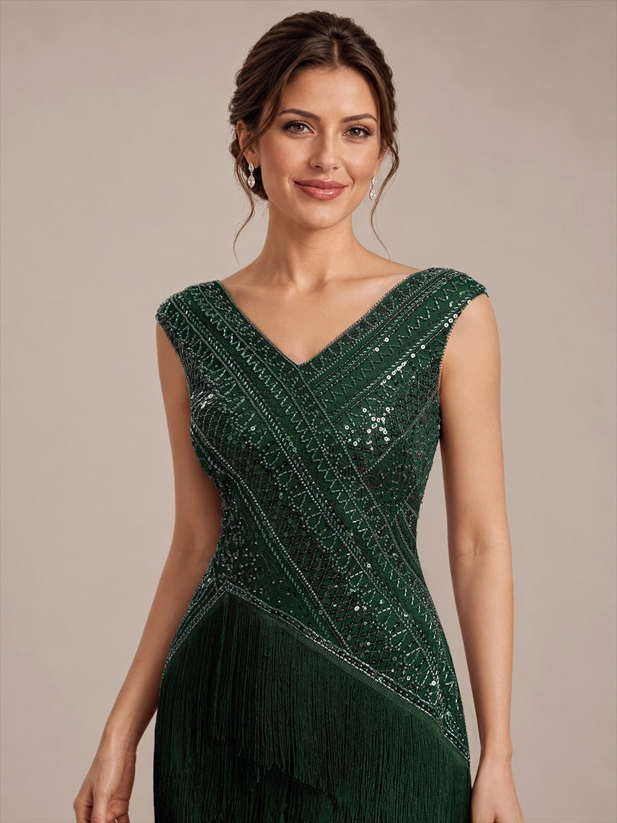 Tulle Cap Sleeve Asymmetrical Hem Cocktail Dress #color_Dark Green