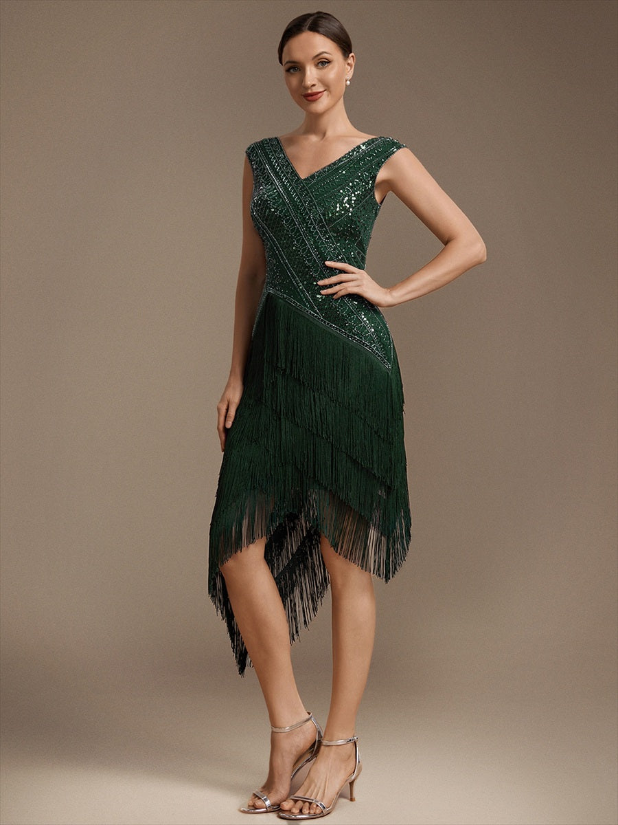 Tulle Cap Sleeve Asymmetrical Hem Cocktail Dress #color_Dark Green