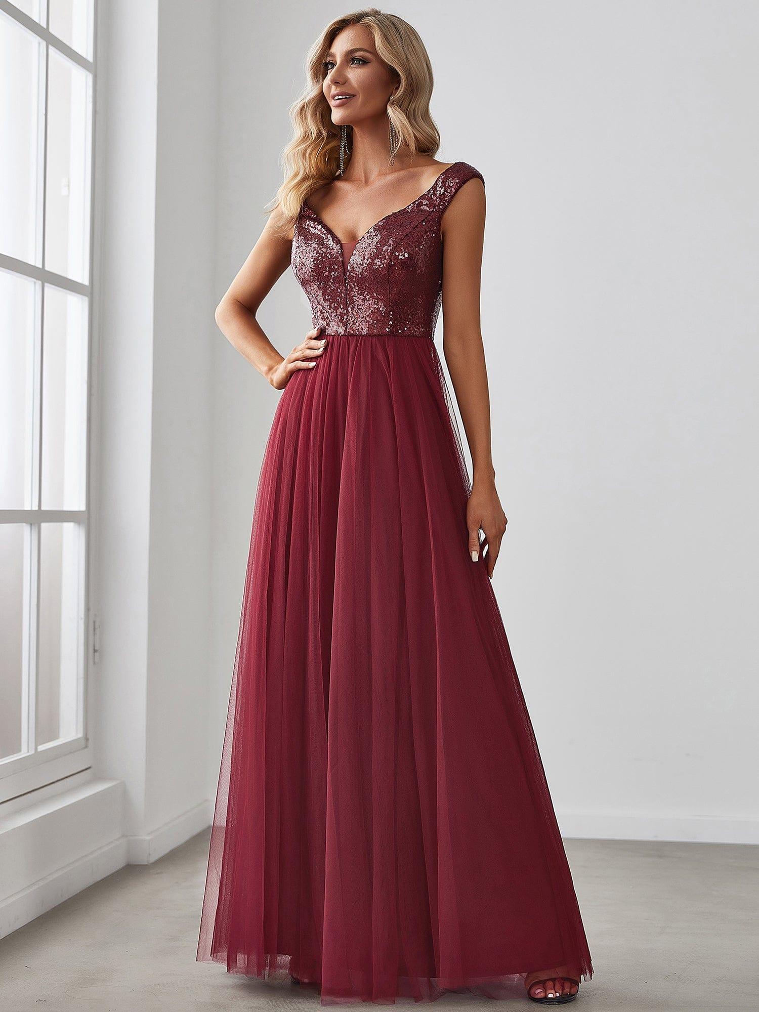 A-line Sequin Off the Shoulder Maxi Tulle Evening Dress #color_Burgundy
