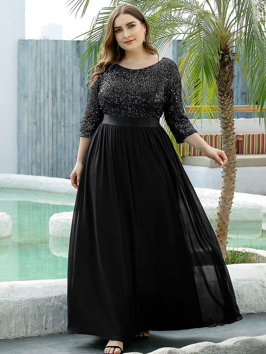 Plus Size Sequin 3/4 Sleeves Dresses #color_Black