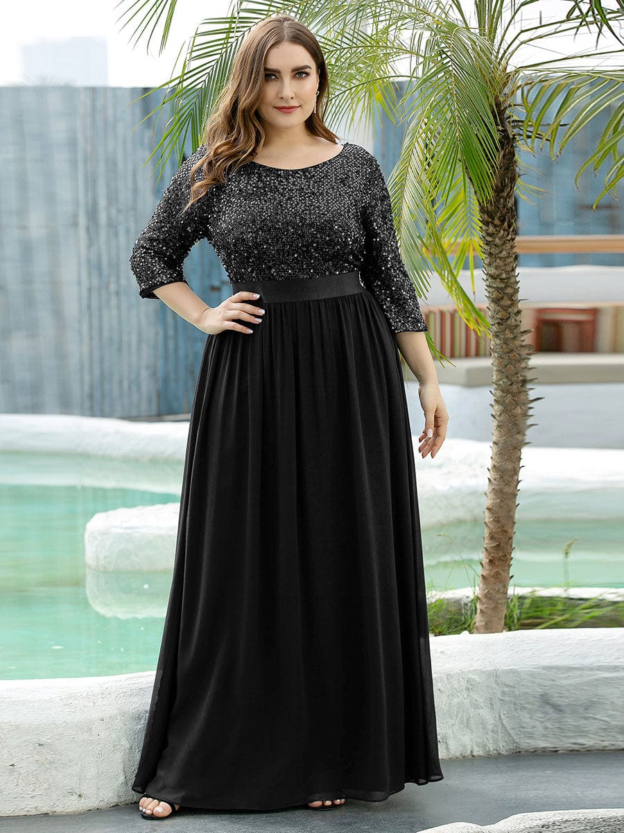 Plus Size Sequin 3/4 Sleeves Dresses #color_Black