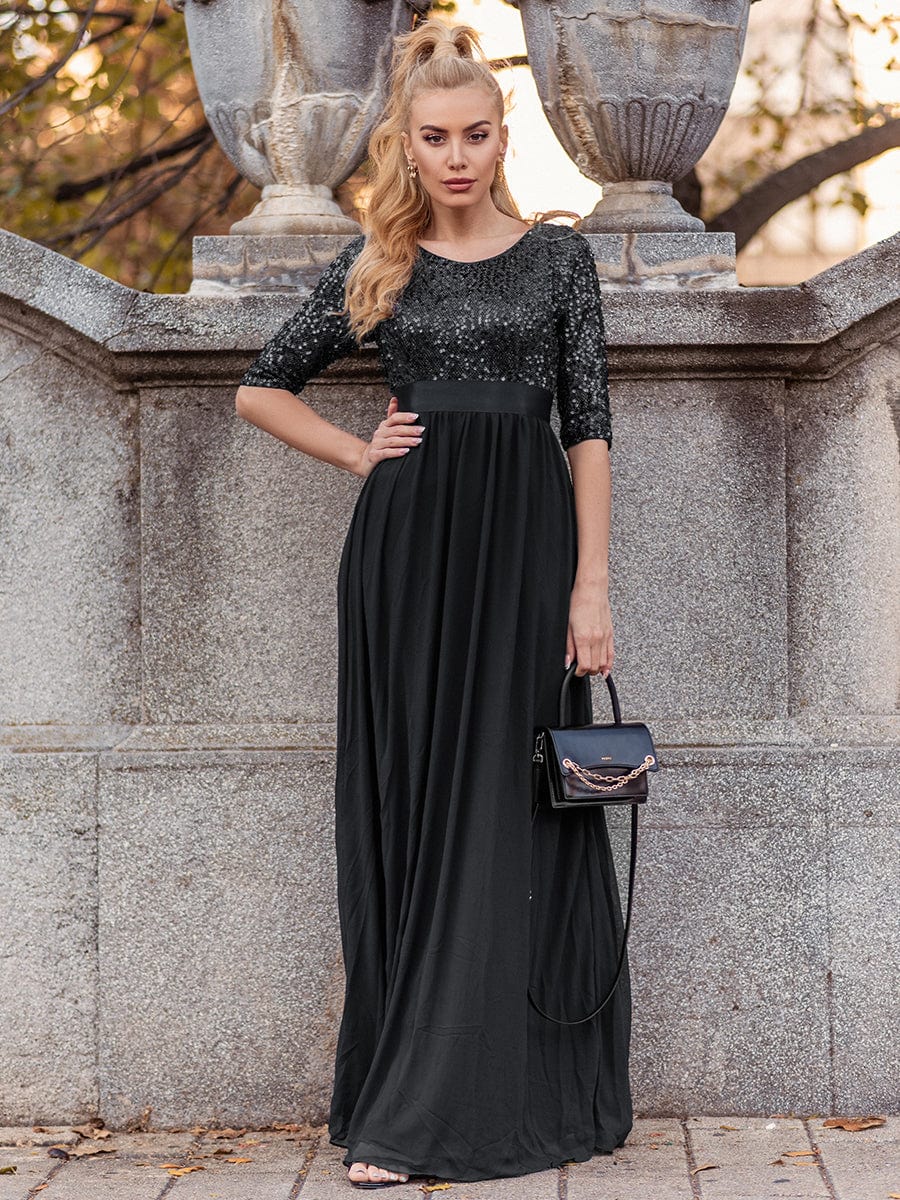 Sequin Round Neckline Dress with Chiffon #color_Black