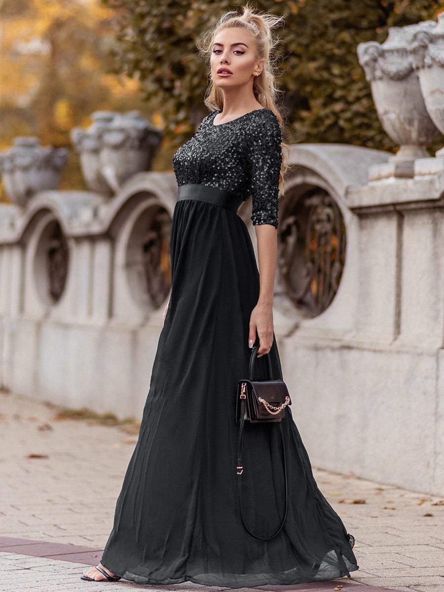 Sequin Round Neckline Dress with Chiffon #color_Black