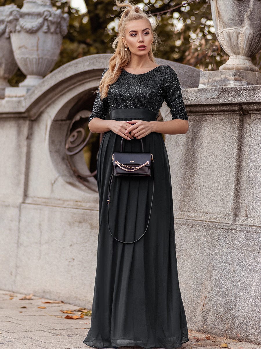 Sequin Round Neckline Dress with Chiffon #color_Black