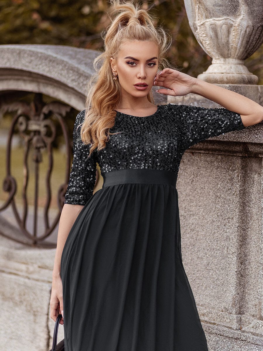 Sequin Round Neckline Dress with Chiffon #color_Black