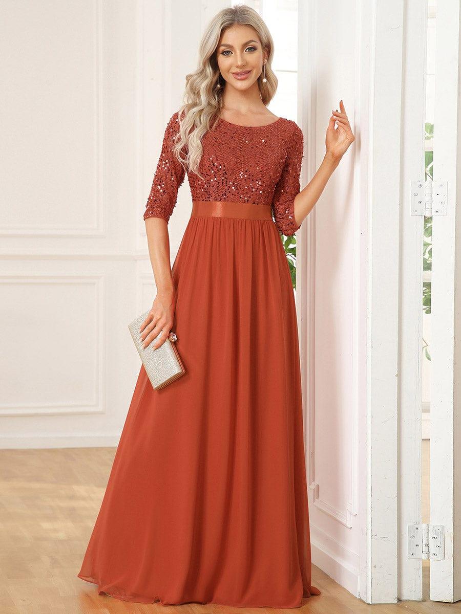 Sequin Round Neckline Dress with Chiffon #color_Burnt Orange