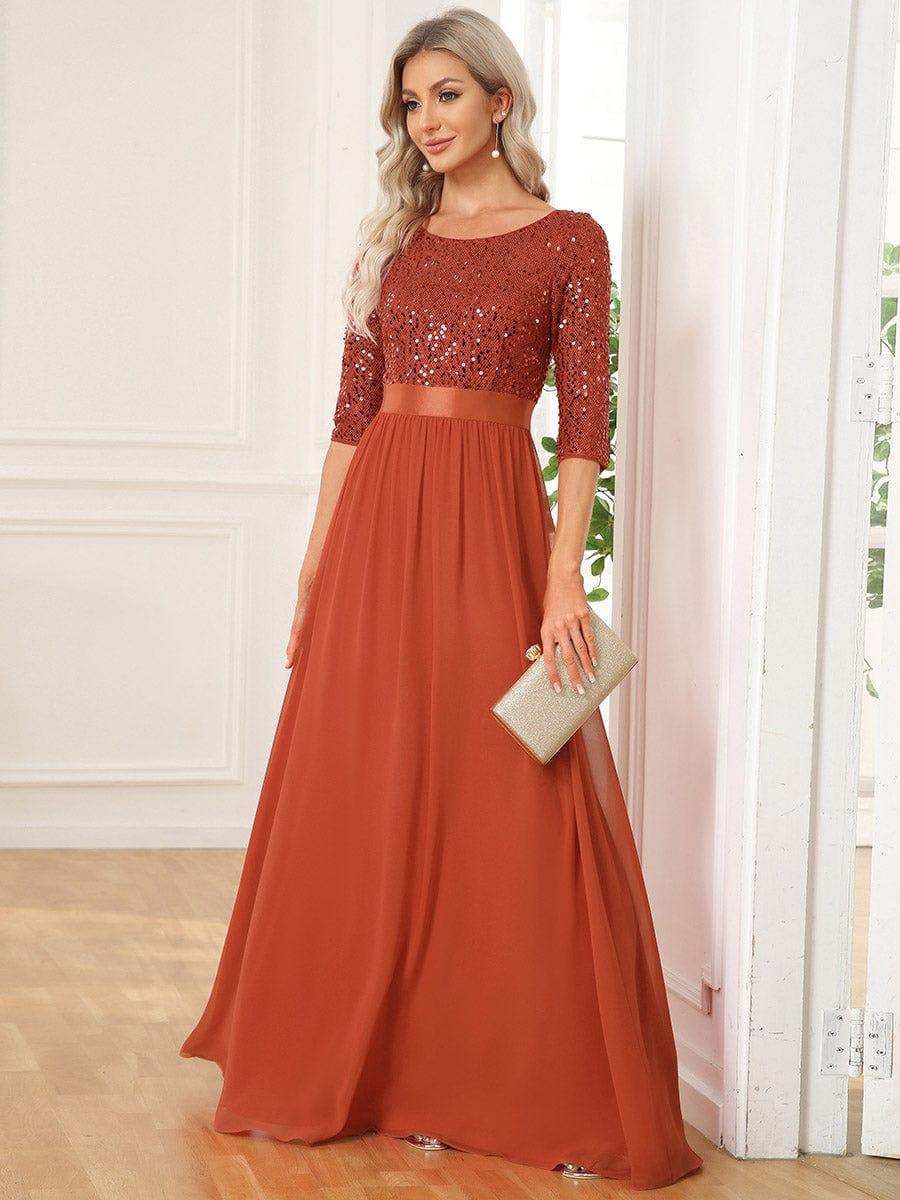 Sequin Round Neckline Dress with Chiffon #color_Burnt Orange