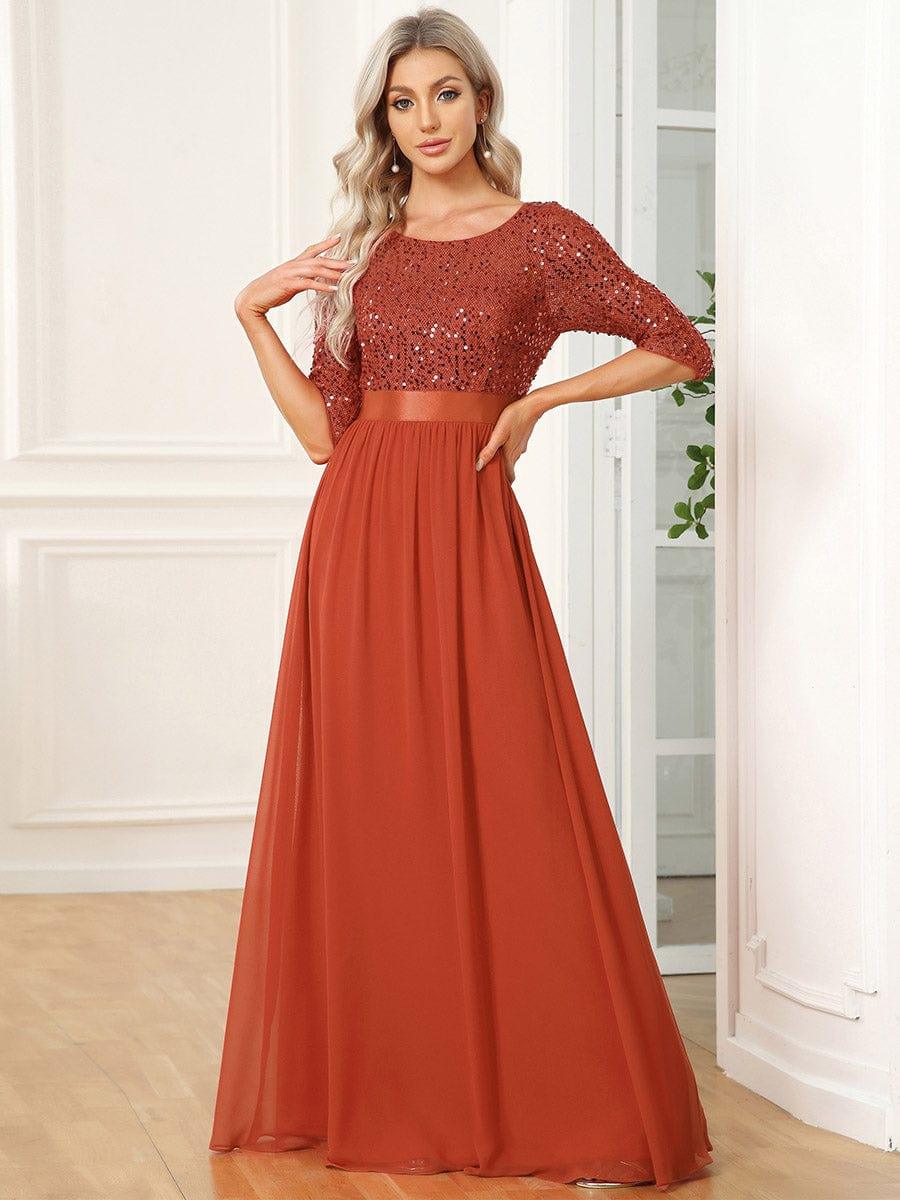 Sequin Round Neckline Dress with Chiffon #color_Burnt Orange