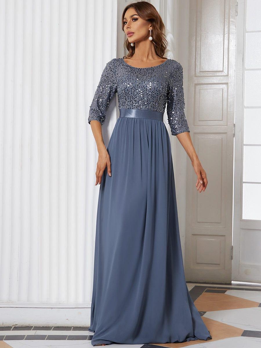 Sequin Round Neckline Dress with Chiffon #color_Dusty Blue