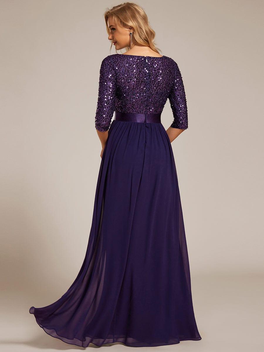 Sequin Round Neckline Dress with Chiffon #color_Dark Purple