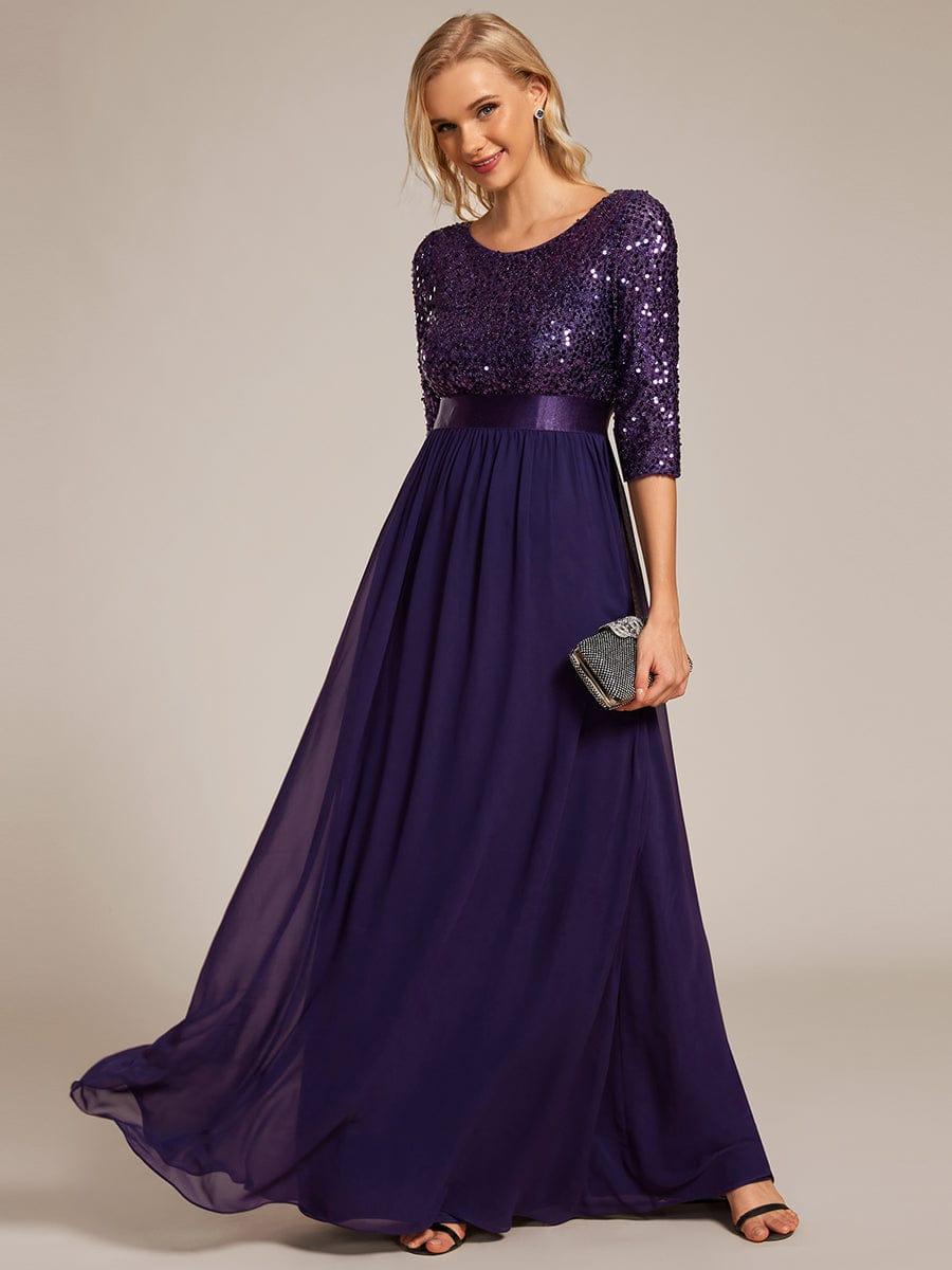Sequin Round Neckline Dress with Chiffon #color_Dark Purple