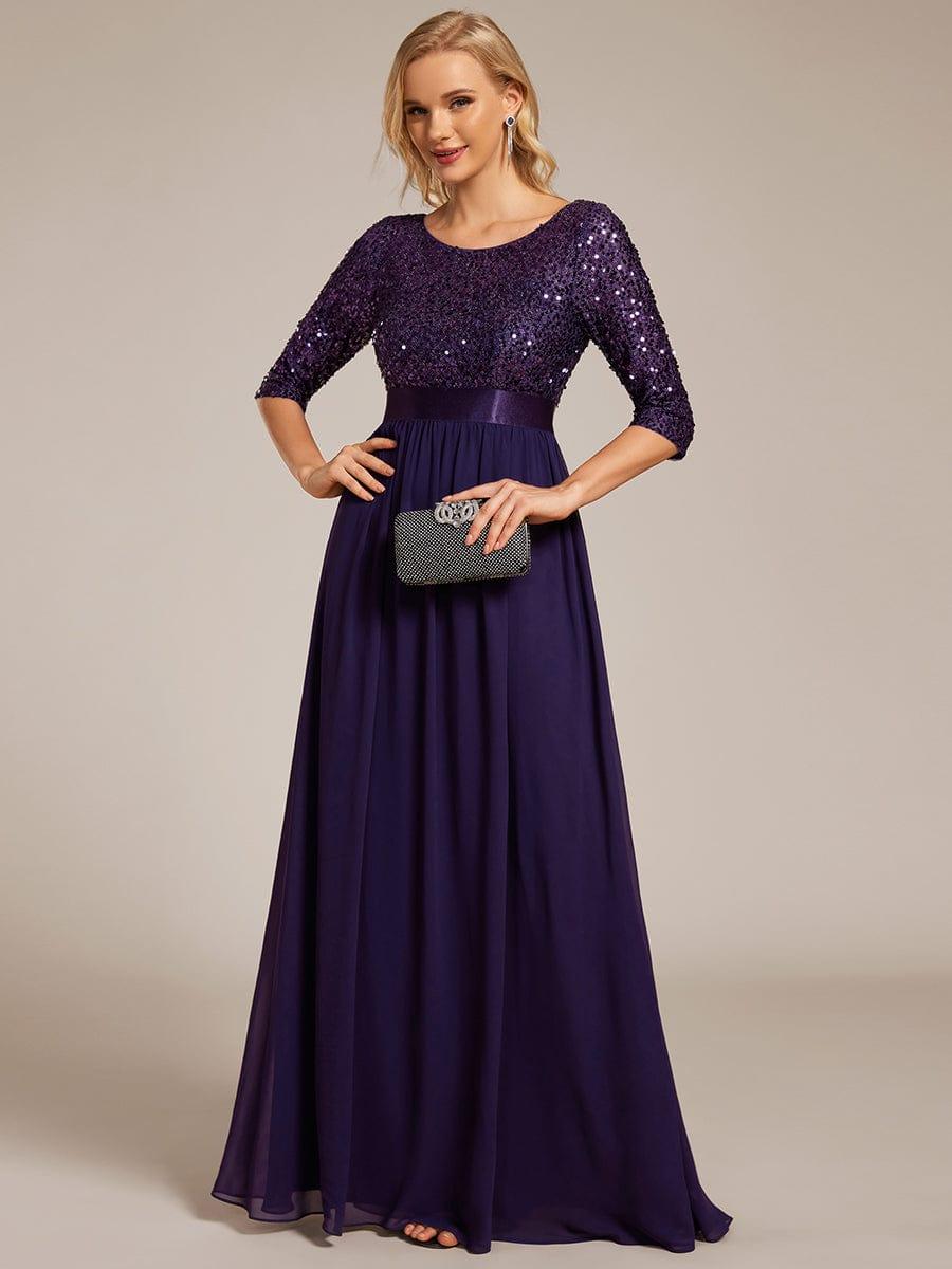 Sequin Round Neckline Dress with Chiffon #color_Dark Purple