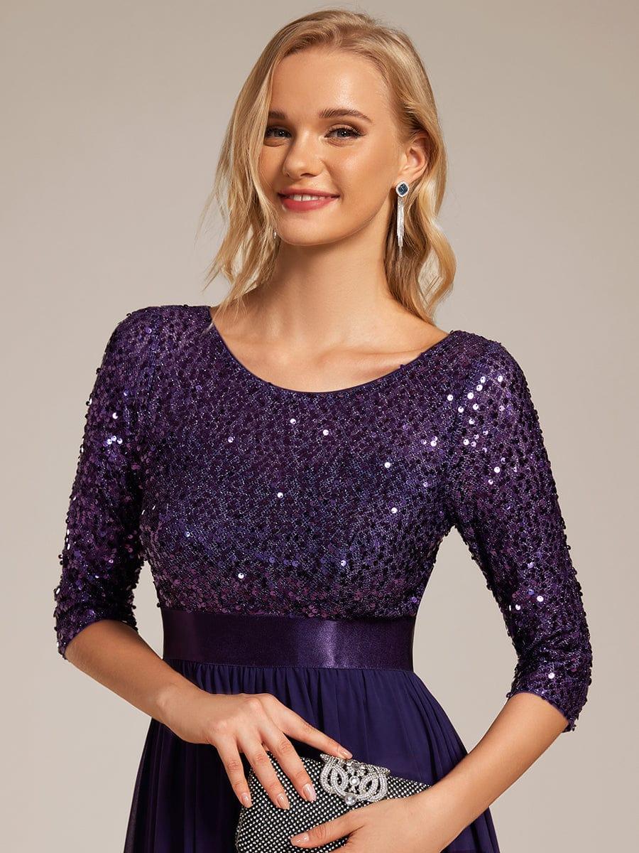 Sequin Round Neckline Dress with Chiffon #color_Dark Purple