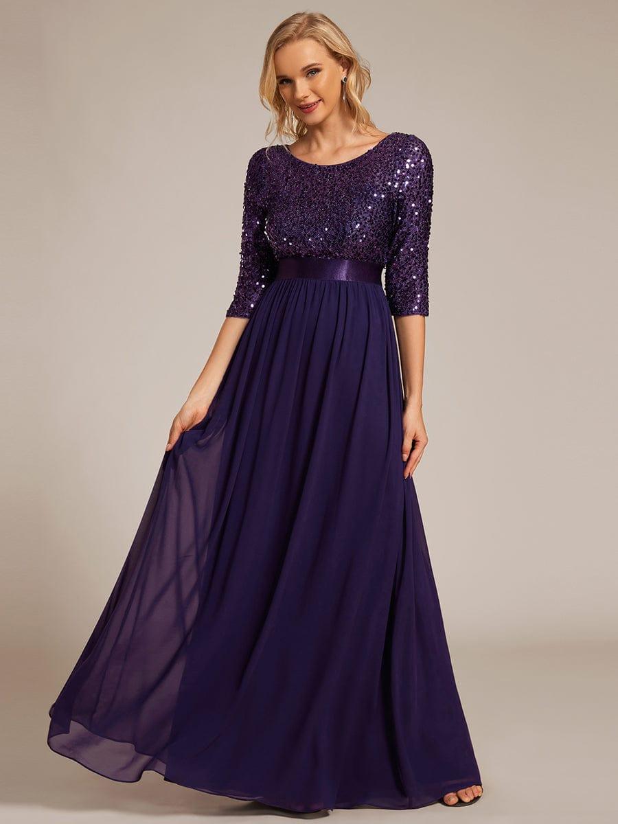 Sequin Round Neckline Dress with Chiffon #color_Dark Purple