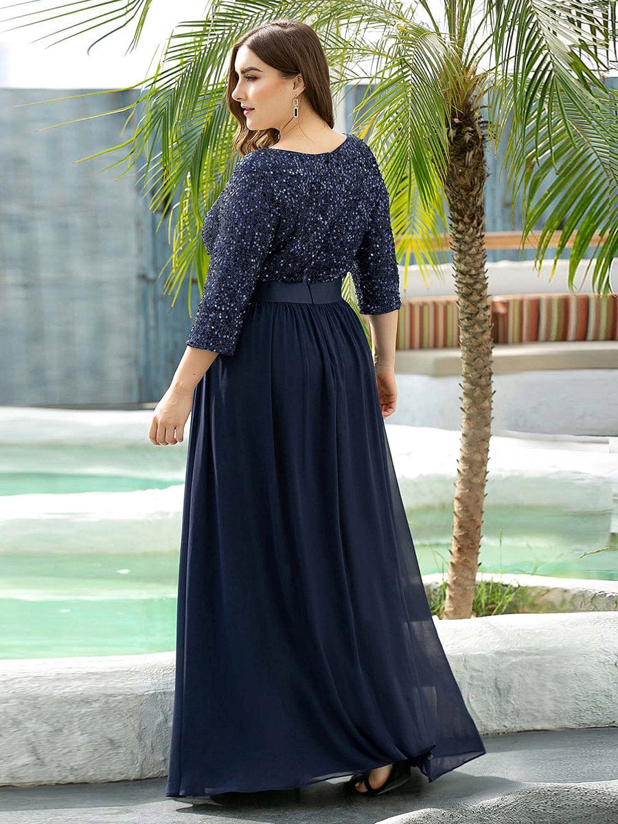 Plus Size Sequin 3/4 Sleeves Dresses #color_Navy Blue