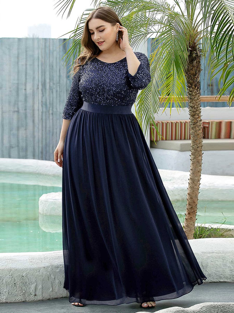 Plus Size Sequin 3/4 Sleeves Dresses #color_Navy Blue