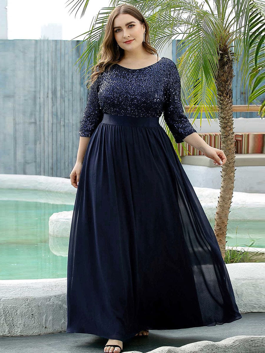Plus Size Sequin 3/4 Sleeves Dresses #color_Navy Blue