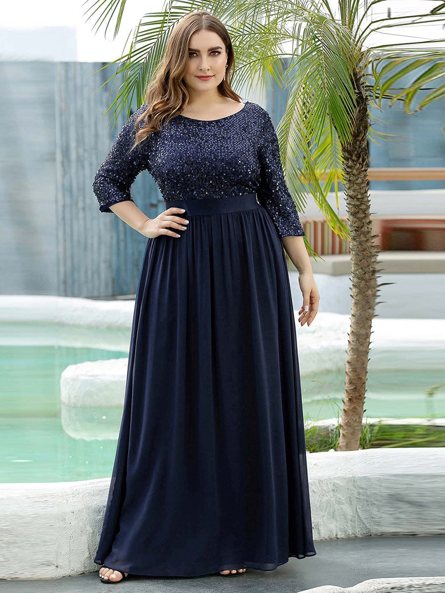 Plus Size Sequin 3/4 Sleeves Dresses #color_Navy Blue