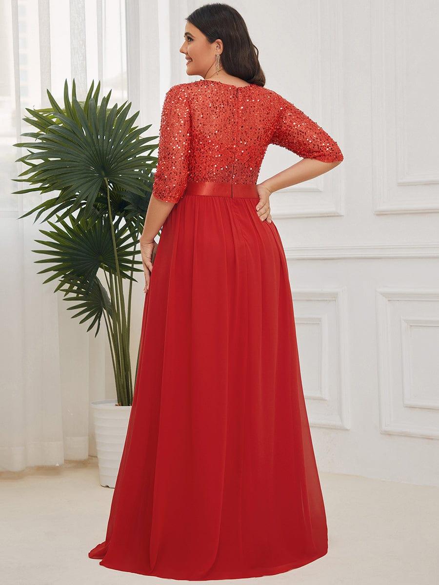 Sequin Round Neckline Dress with Chiffon #color_Red
