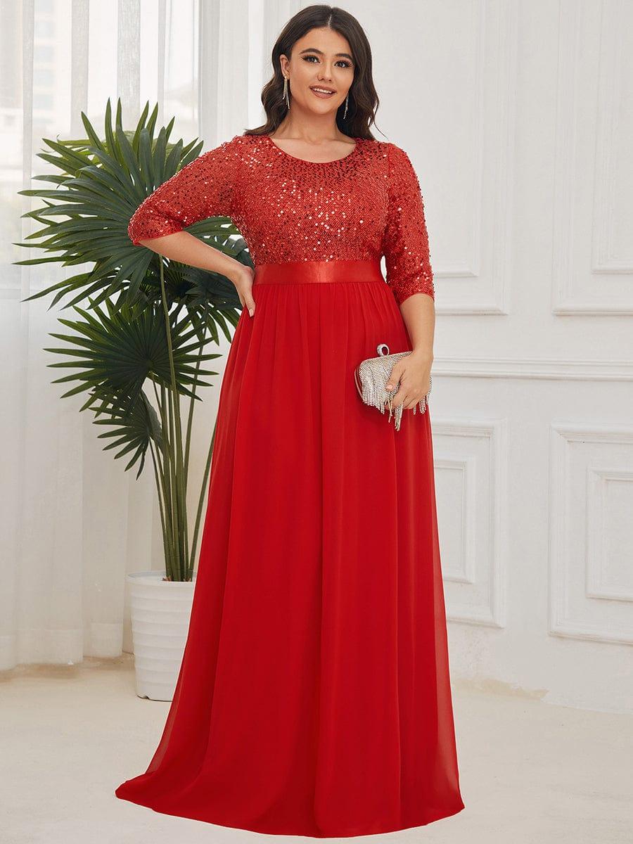 Sequin Round Neckline Dress with Chiffon #color_Red