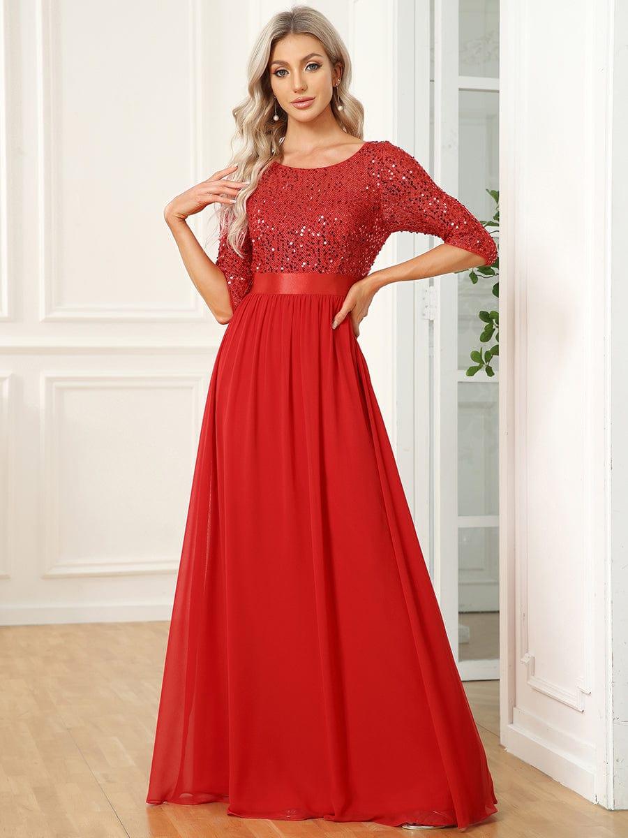 Sequin Round Neckline Dress with Chiffon #color_Red
