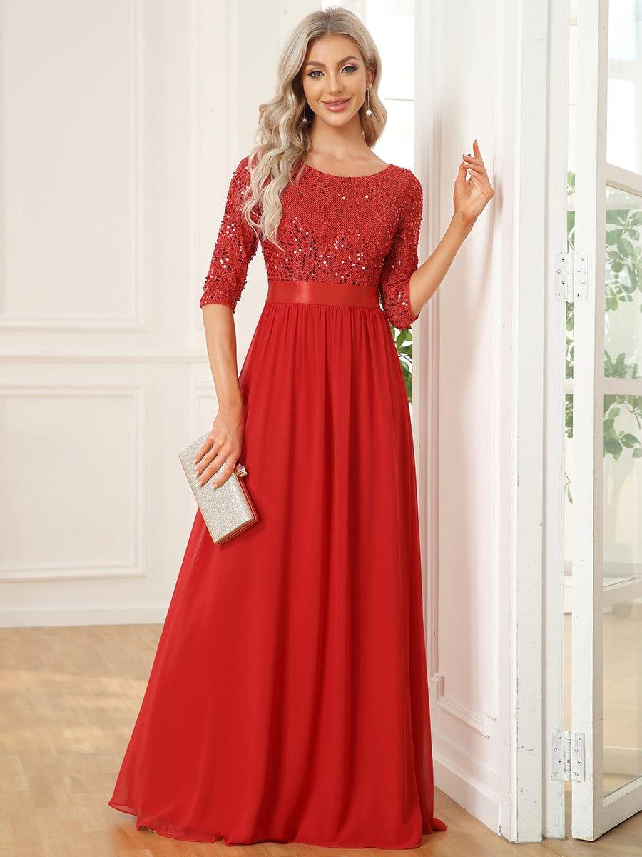 Sequin Round Neckline Dress with Chiffon #color_Red