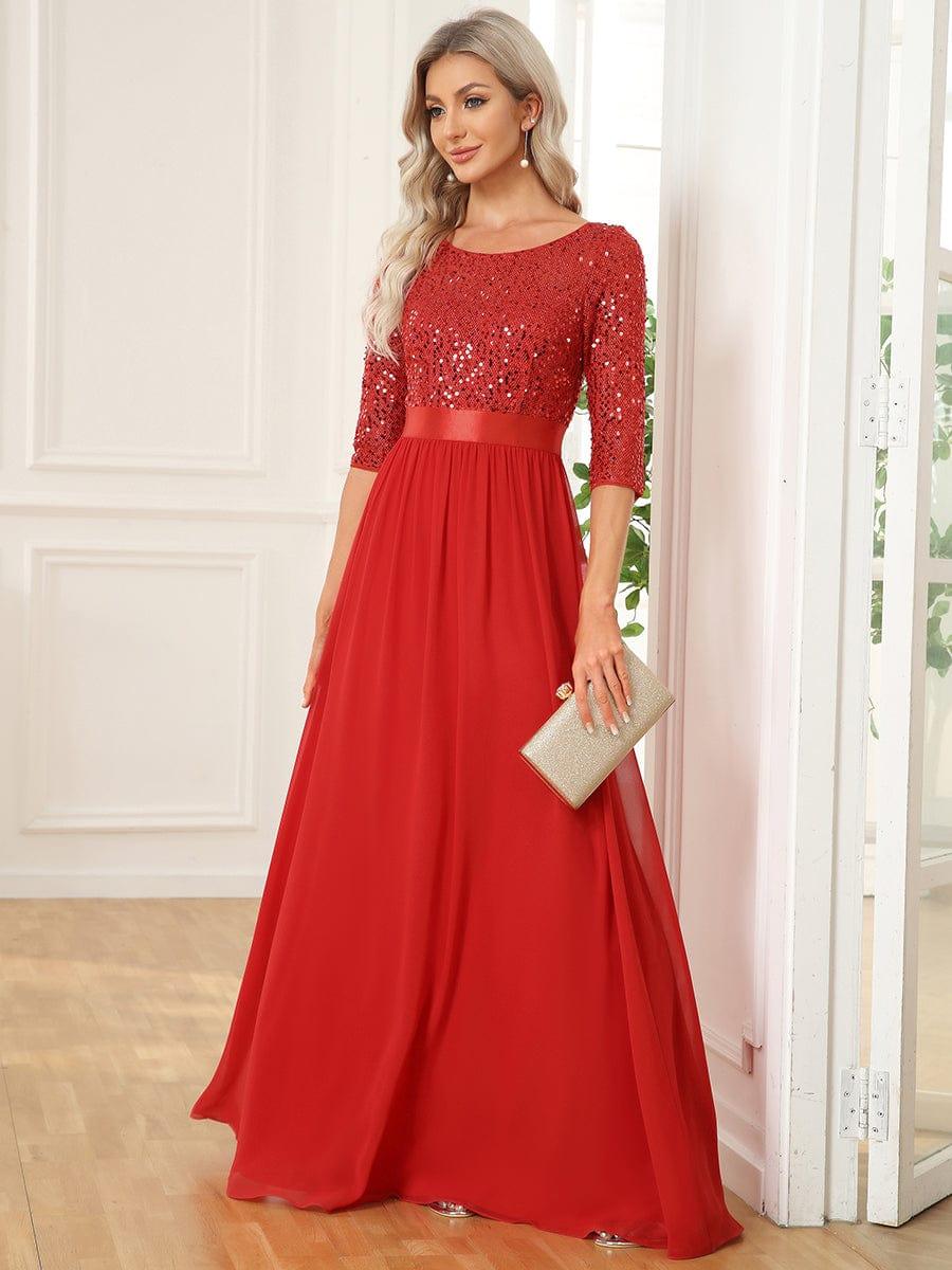 Sequin Round Neckline Dress with Chiffon #color_Red