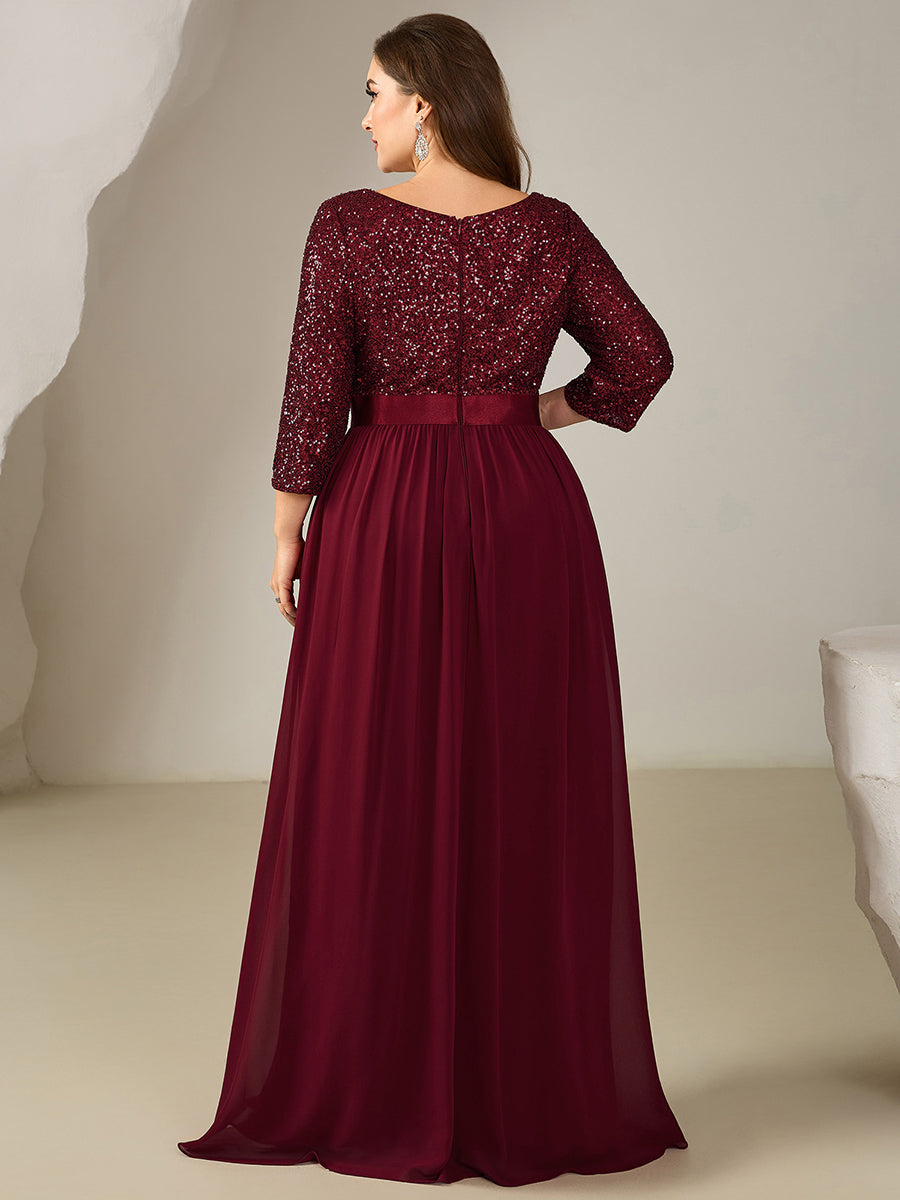 Plus Size Sequin 3/4 Sleeves Evening Dress #color_Burgundy