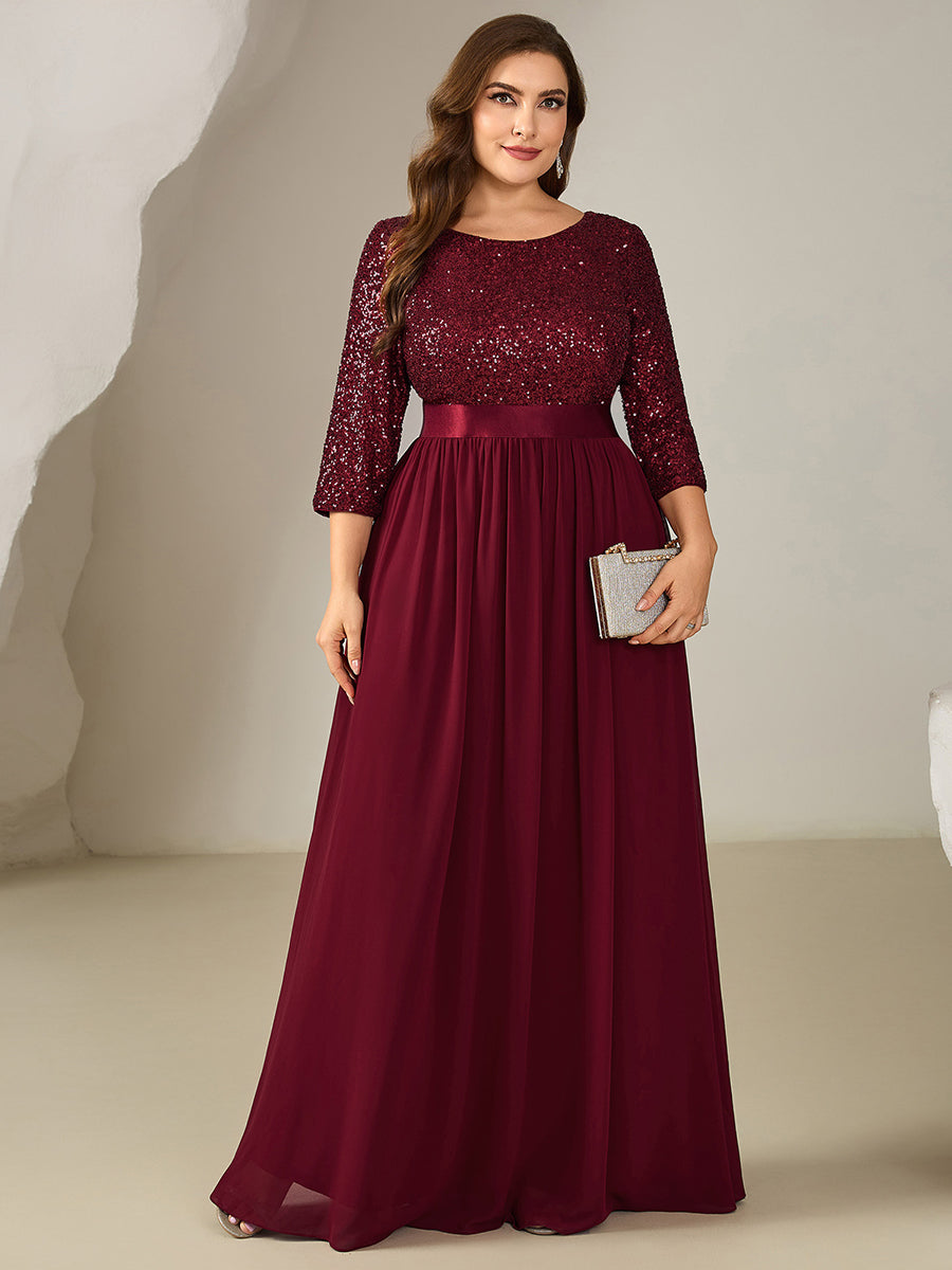 Glitter A-Line Maxi Evening Dress with Chiffon #color_Burgundy