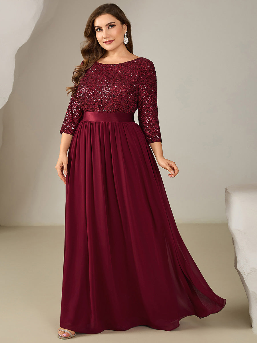Plus Size Sequin 3/4 Sleeves Evening Dress #color_Burgundy