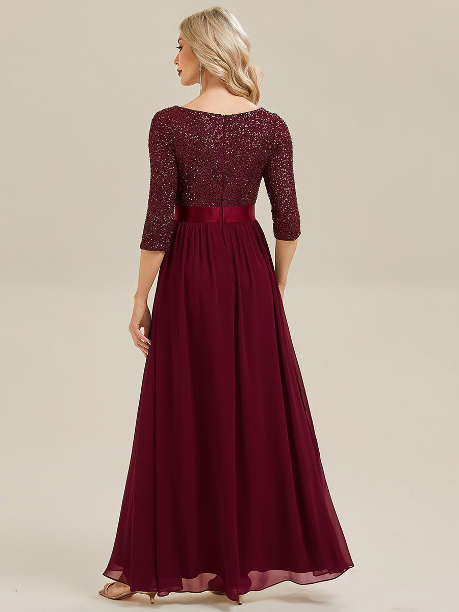 Glitter A-Line Maxi Evening Dress with Chiffon #color_Burgundy