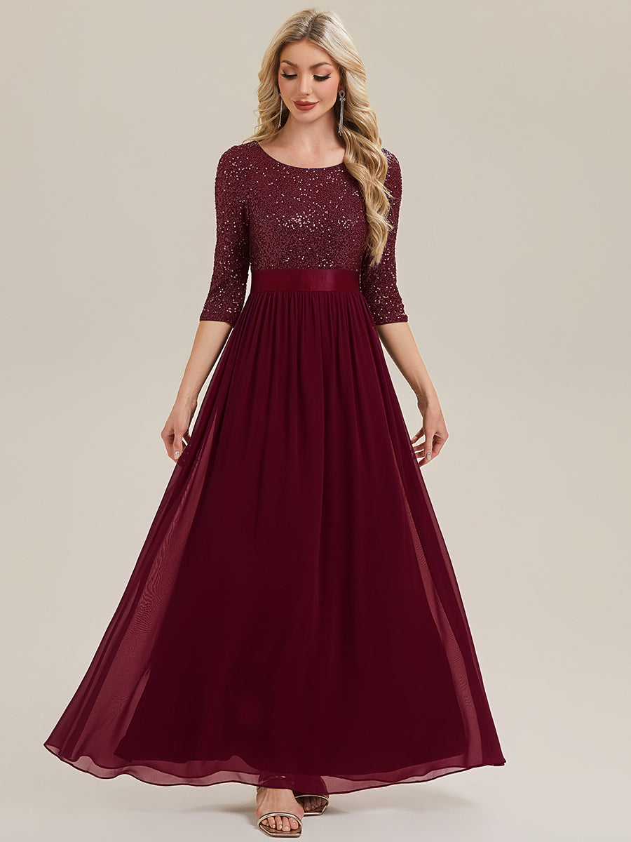 Glitter A-Line Maxi Evening Dress with Chiffon #color_Burgundy