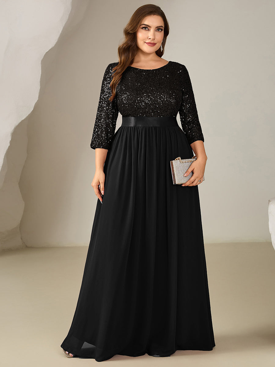 Glitter A-Line Maxi Evening Dress with Chiffon #color_Black