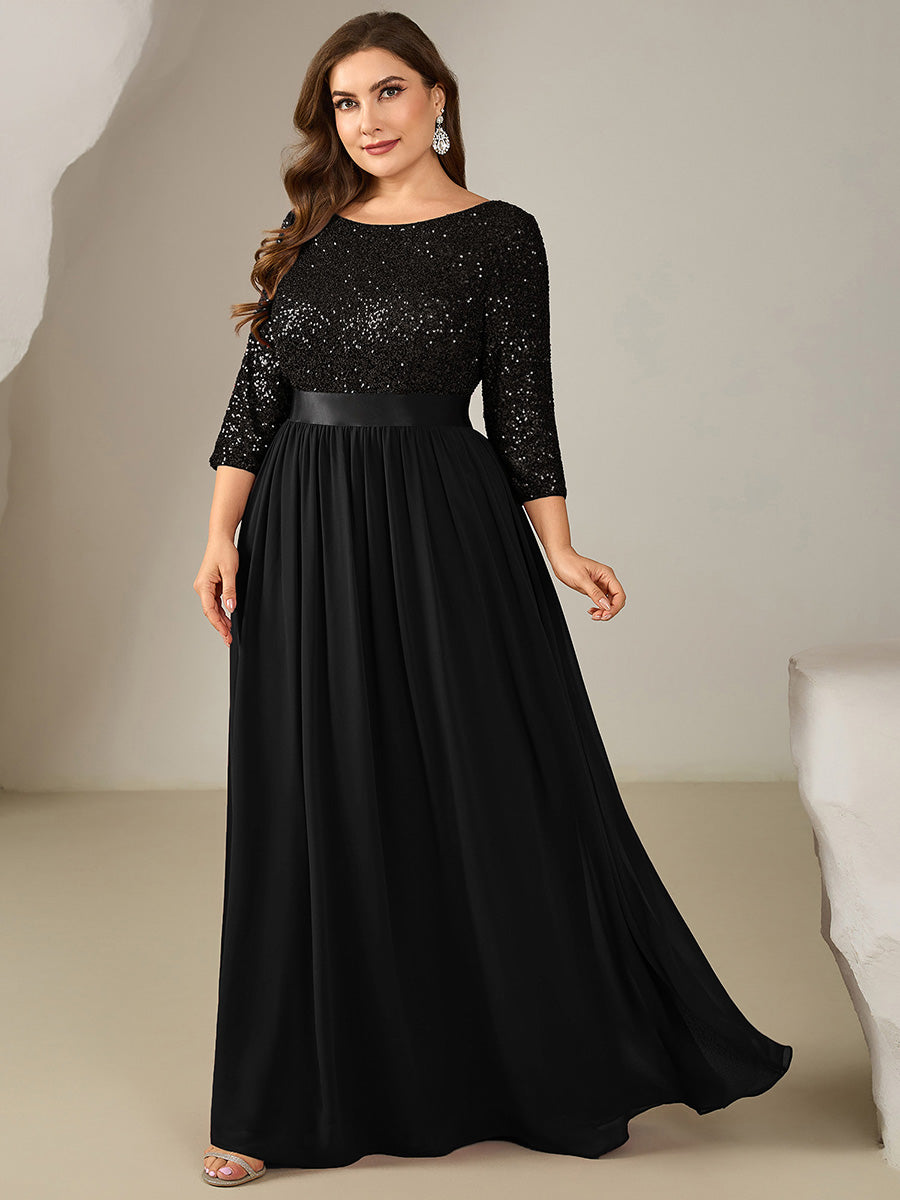 Plus Size Sequin 3/4 Sleeves Evening Dress #color_Black