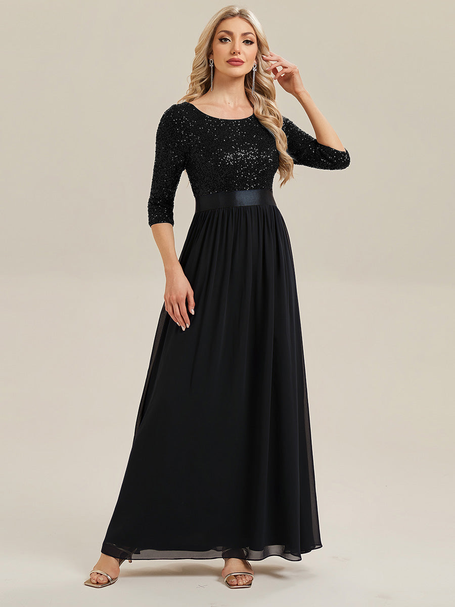 Glitter A-Line Maxi Evening Dress with Chiffon #color_Black