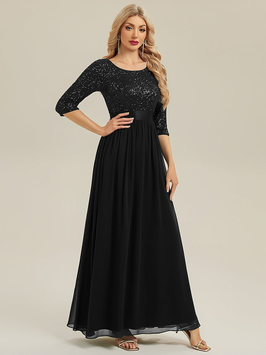 Glitter A-Line Maxi Evening Dress with Chiffon #color_Black