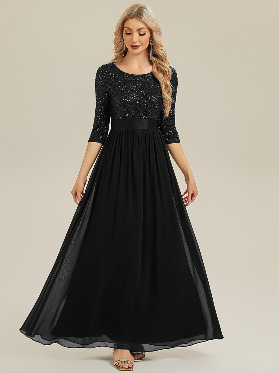 Glitter A-Line Maxi Evening Dress with Chiffon #color_Black
