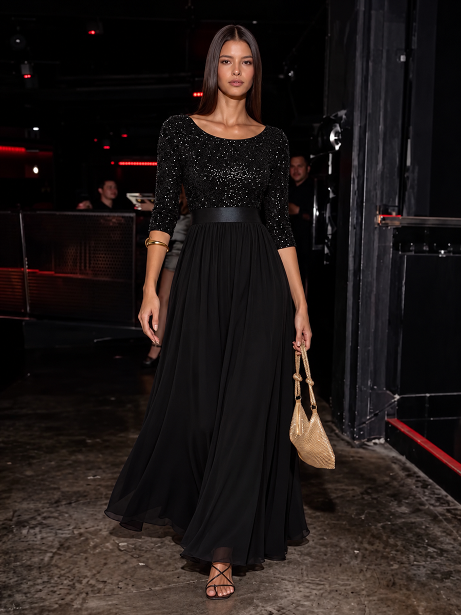 Glitter A-Line Maxi Evening Dress with Chiffon #color_Black