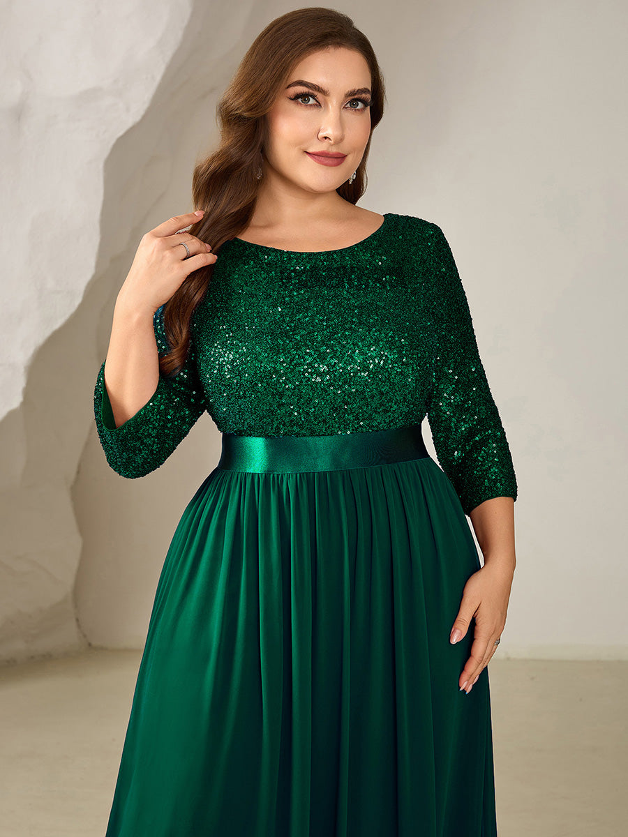 Plus Size Sequin 3/4 Sleeves Evening Dress #color_Dark Green